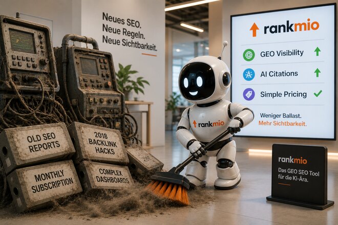 Rankmio-Roboter kehrt alte SEO-Reports und Backlink-Hacks von 2018 zusammen, daneben ein Bildschirm mit GEO-Sichtbarkeit und KI-Zitaten