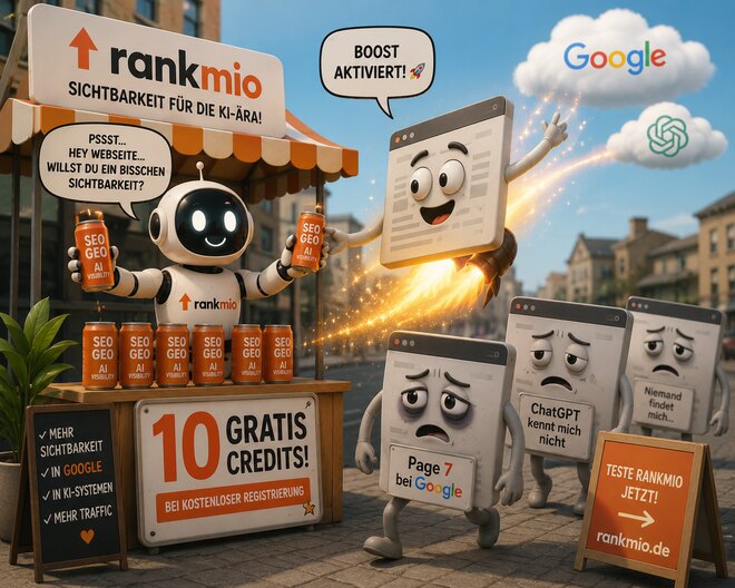 Cartoon: Der Rankmio-Roboter verteilt an seinem Marktstand SEO, GEO und KI-Sichtbarkeit an Webseiten, darüber die Wolken von Google und ChatGPT