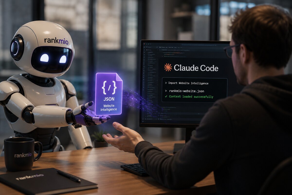 Rankmio-Roboter übergibt eine JSON-Datei „Website Intelligence" an einen Entwickler am Claude-Code-Terminal — die Symbiose aus SEO-/GEO-Daten und AI-Coding-Agent