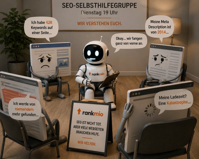 Cartoon einer SEO-Selbsthilfegruppe: Browserfenster klagen über ihre SEO-Probleme, der Rankmio-Roboter leitet die Runde