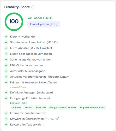 Content-Studio Screenshot: Live Citability-Score mit fünf messbaren Faktoren — strukturierte Daten, Antwort-Struktur, Marken-Signale, Quellen-Qualität, FAQ-Abdeckung